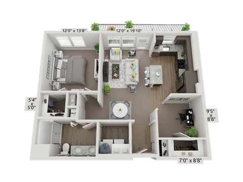 Floor plan for 1 bed, 1 bath, 893 sqft